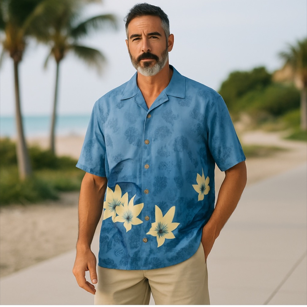 TOMMY BAHAMA HAWAIIAN HIBISCUS CAMP SHIRT SIZE LARGE, 100% SILK, GREAT CONDITION